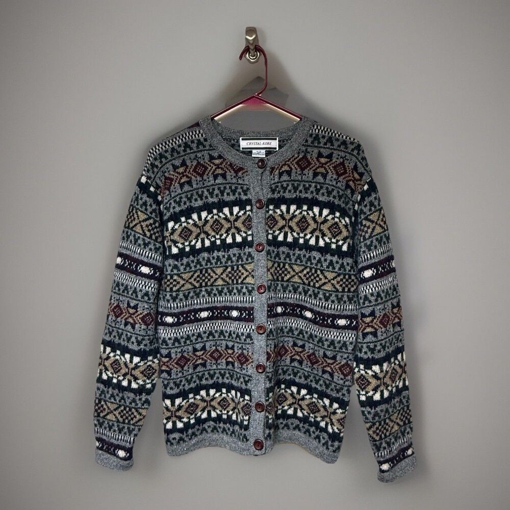 Vintage Fair Isle Wool Shetland Cardigan Women M Button Up Cottagecore Grandma